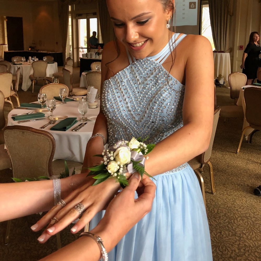 baby blue two piece prom dress